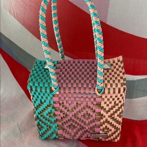 Vibrant Pink and Teal Woven Tote
